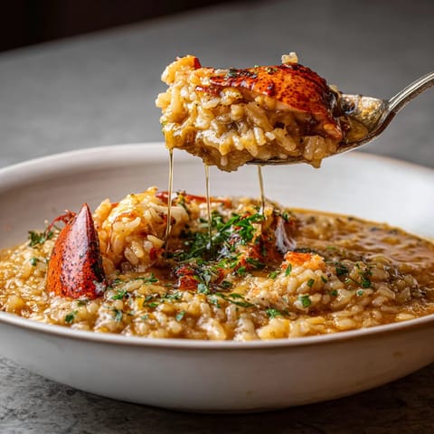 Arroz caldoso con langosta y aceite de trufa.