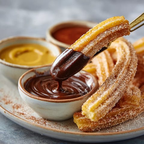 Churros con salsas diferentes.