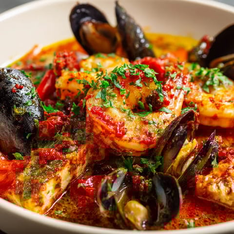 Suquet de Pescado Rosado Flambeado con Vinagreta de Piment d'Espelette.