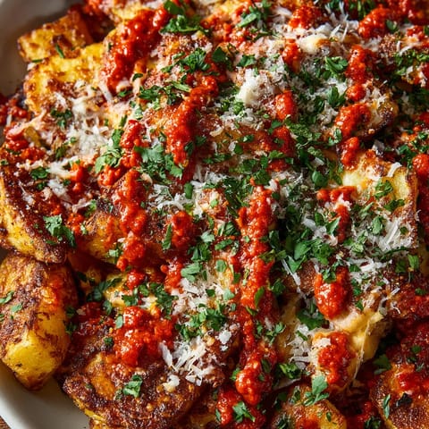 Patatas bravas con queso manchego fundente y coulis de chorizo.