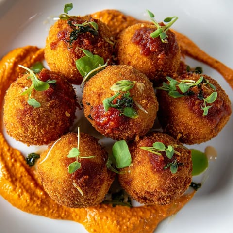 Croquetas de patata con chorizo suave y salsa romesco picante.