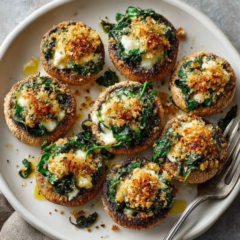 Plate of mushrooms stuffed with spinach and goat cheese.