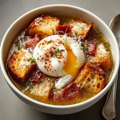 Sopa castellana rápida con huevo escalfado.