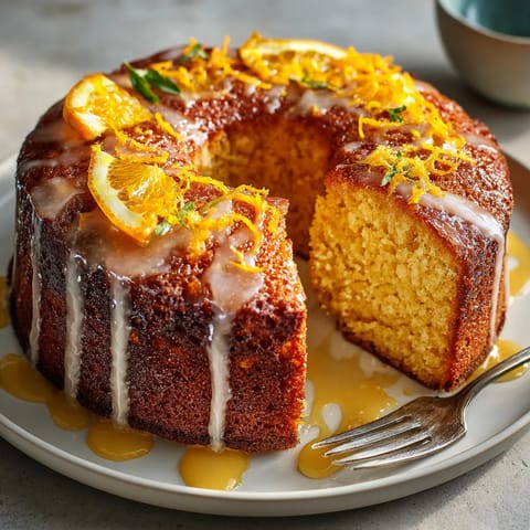 Bizcocho de yogur griego y naranja con glaseado de cítricos.