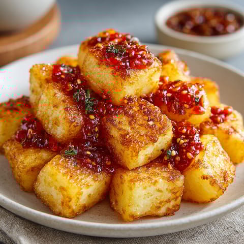 A plate of food with a red sauce on top.