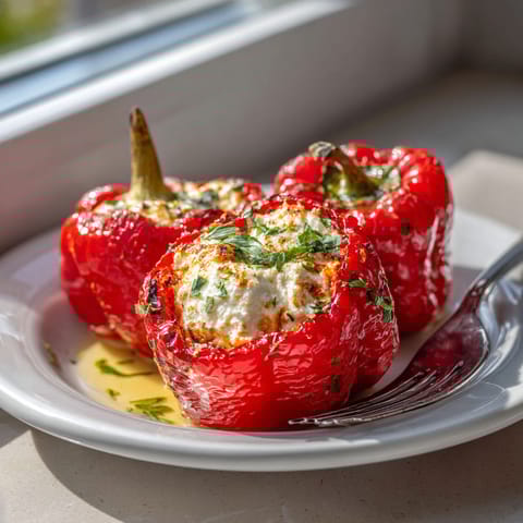 A plate of red peppers with cheese on top.