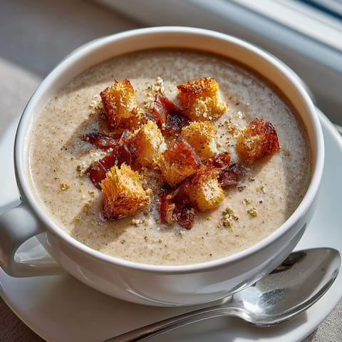 A cup of soup with toast in it.