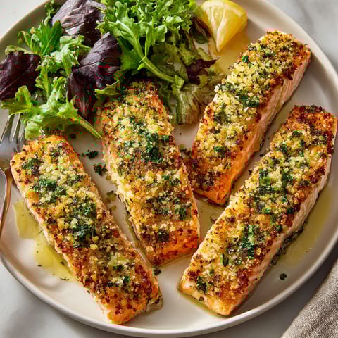 A plate of salmon with herbs and citrus.