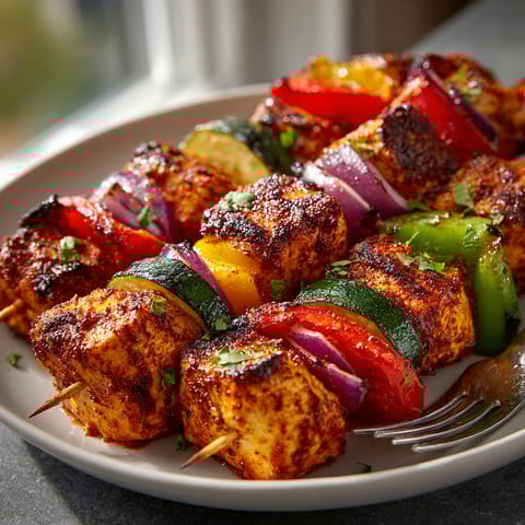 A plate of mini brochetas de pollo y verduras con marinada de pimenton ahumado.