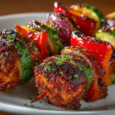 A plate of mini brochetas de pollo y verduras con marinada de pimentón ahumado.
