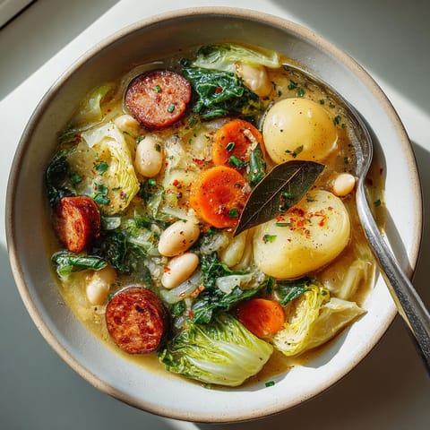 A bowl of soup with vegetables and meat.