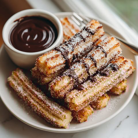 A plate of food with a fork and a bowl of chocolate sauce.