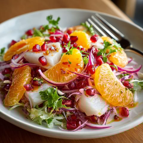 A plate of food with oranges, onions, and shrimp.