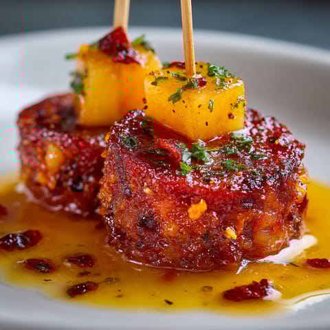 Pinchos de chorizo a la sidra con reduccion de manzana.