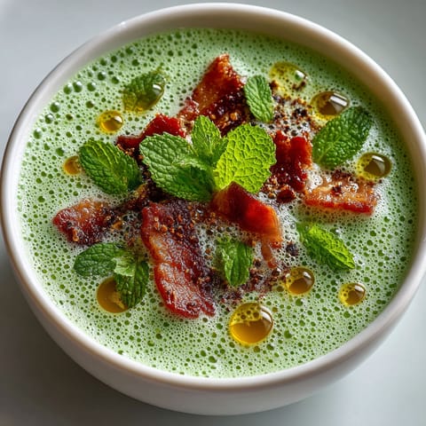 A bowl of soup with bacon and mint.