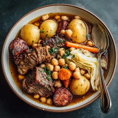 Cocido Madrileño, guiso sustancioso de garbanzos, carnes y verduras, aroma hogareño.