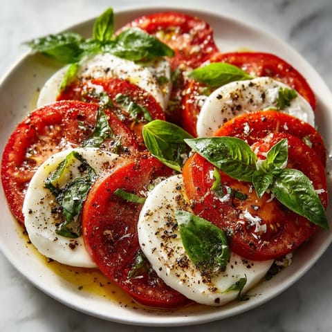 Deliciosa Ensalada Caprese: tomate rojo maduro, queso mozzarella blanco y albahaca intensamente verde.