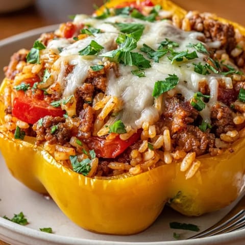 Colorida foto de pimientos rellenos al estilo español gratinados, listos para servir como plato principal.