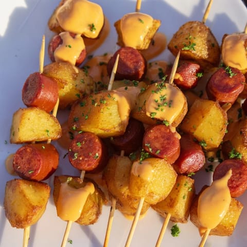 Bocados fáciles de chorizo y patata para tapas, con cremosa alioli a la paprika.