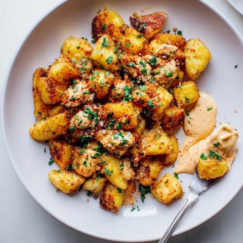 Vista cercana de deliciosas y picantes Patatas Bravas con alioli listas para servir.