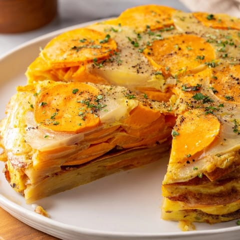 Deliciosa Sweet Potato Tortilla Española recién hecha, lista para servir como tapa o comida ligera.