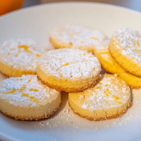 Polvorones de naranja y caramelo, espolvoreados con azúcar en polvo, listos para disfrutar estas fiestas.