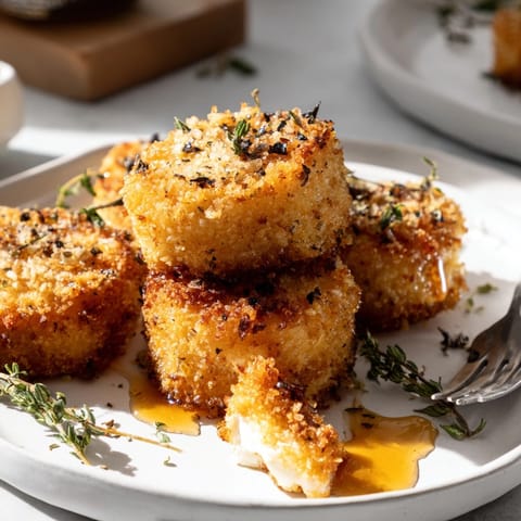 Crujientes tapas de queso de cabra tibio servidas sobre una tabla, listas para disfrutarse.