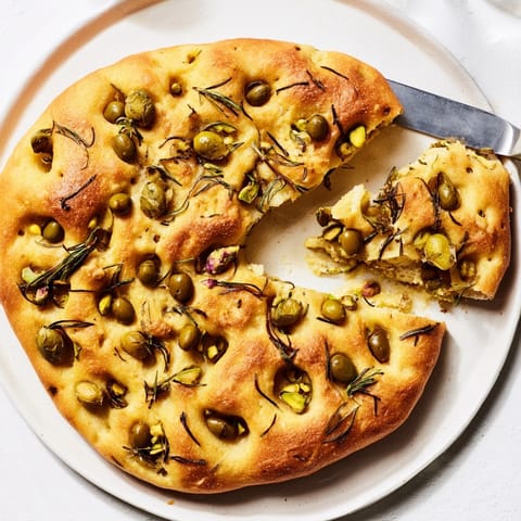 Receta de focaccia con aceitunas españolas y pistachos, apetitoso, espolvoreado con sal marina