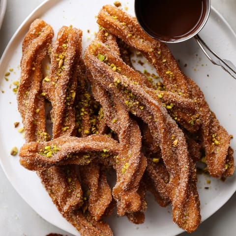 Deliciosos churros tradicionales caseros, listos para mojar en salsa de chocolate caliente.
