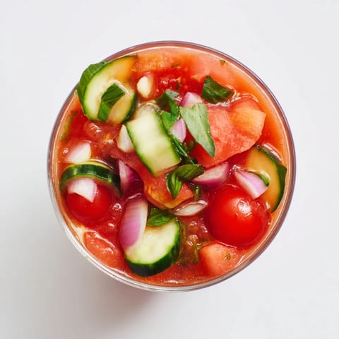 Refrescante gazpacho de tomate y sandía, servido en coloridas copas veraniegas.  
