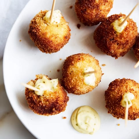 Deliciosas paletas de croquetas de pepinillo aioli, ideales para una fiesta.  