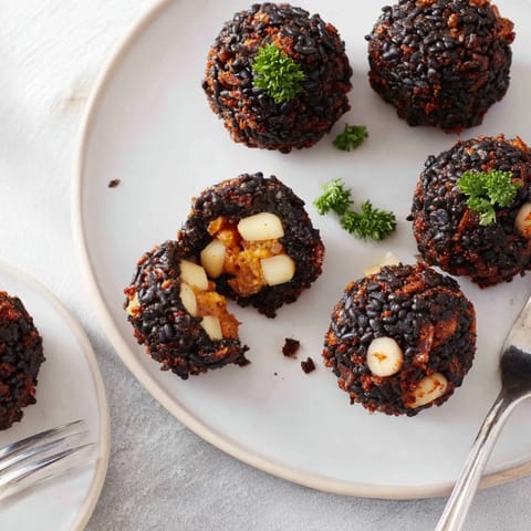 Bocaditos de risotto de tinta de calamar, acompañados de salsa de ajo y limón.  