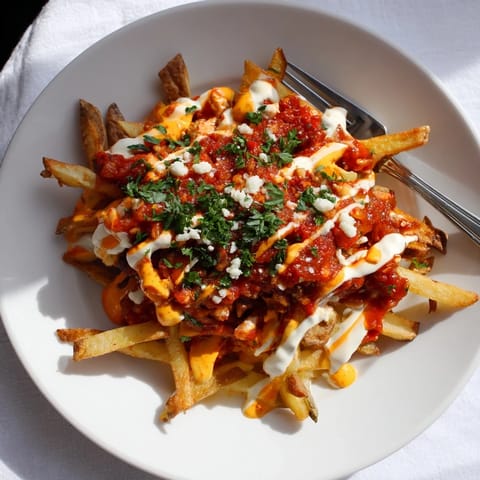 Deliciosas patatas bravas cargadas de hierbas frescas y queso desmenuzado.  