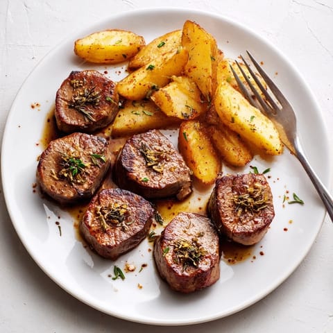 Jugosos medallones de cerdo marinados acompañados de doradas papas fritas al ajo.  