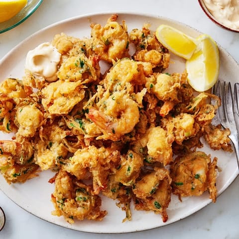 Deliciosas frituras de camarones bebés doradas y crujientes, ideales para un aperitivo.  