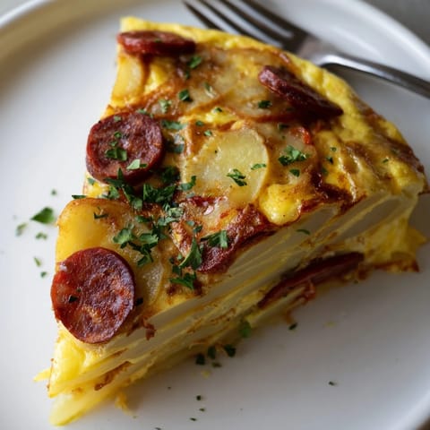 Una deliciosa tortilla española de patatas y chorizo, perfecta para compartir en familia.  