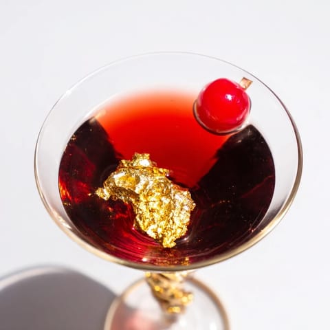 Bright red Rococo Cherry Martini in a chilled glass, garnished with a gold leaf, ready to serve.
