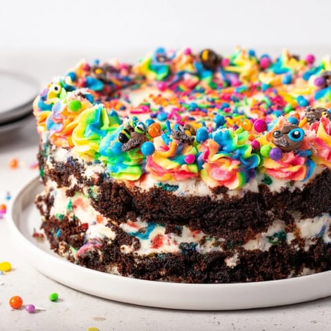 Moist chocolate layers peek from underneath the vividly chaotic frosting on this Rat Cake.