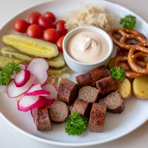 A close-up of a colorful Vegan German Sausage Board with perfect fresh veggie garnishes and pretzels.
