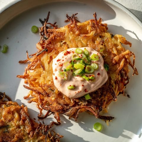 A close-up of freshly fried Kartoffelpuffer, contrasted with the spicy kimchi yogurt dip.