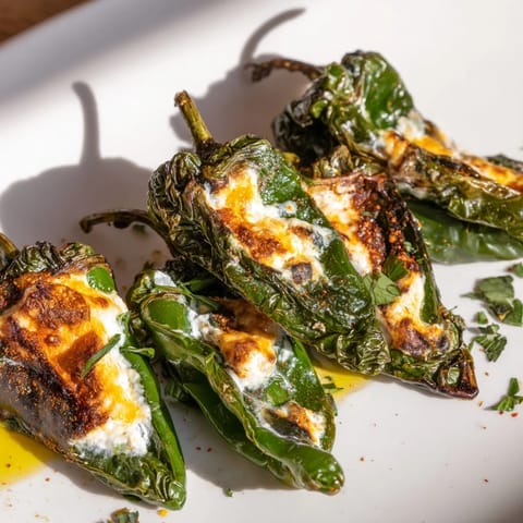 Close-up of Baked Padrón Pepper Bites, showing creamy cheese filling and their baked texture.