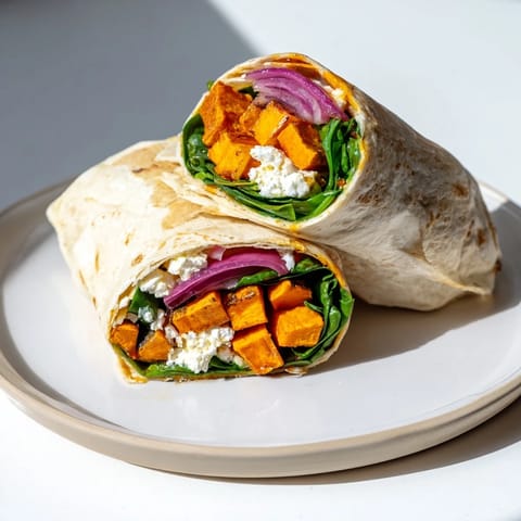 Enjoy a colorful Sweet Potato and Goat Cheese Wrap featuring warm, tender sweet potato and tangy goat cheese.