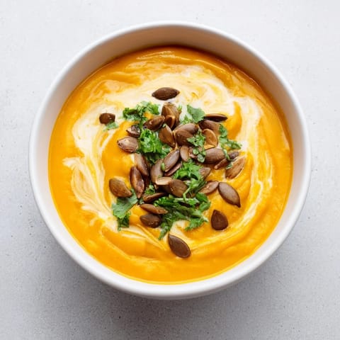 Bright orange creamy pumpkin & curry winter soup with a swirl of cream, ready to serve.