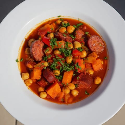 A vibrant bowl of the quickest chorizo and chickpea stew, ready to enjoy with crusty bread.