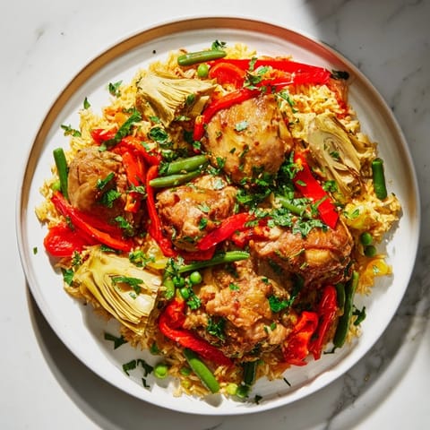 Paella con pollo y alcachofas