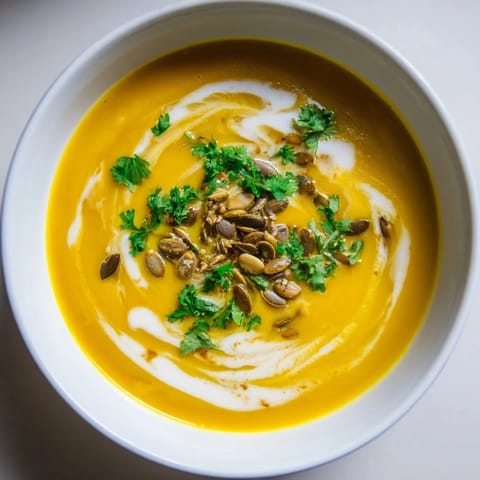 This velvety Creamy Pumpkin & Curry Winter Soup features a swirl of coconut milk, perfect for a cozy dinner.