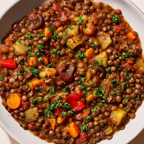 Rustic close-up of Abuela's Secret Lentil Stew with Prunes, ready with fresh parsley garnish.