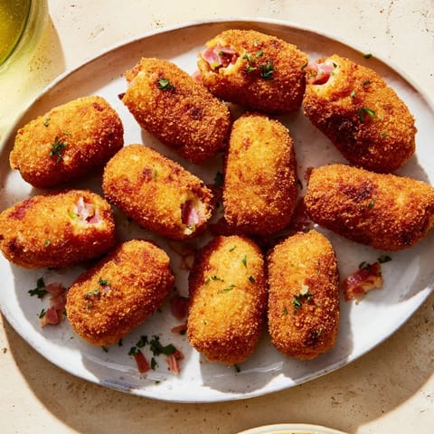 A close-up view of savory Lightened Croquetas de Jamón, revealing their creamy, flavorful insides.
