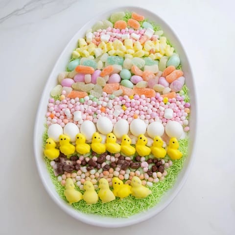 Egg-shaped Candy Platter arranged on a platter, featuring colorful Easter candies perfect for sharing.