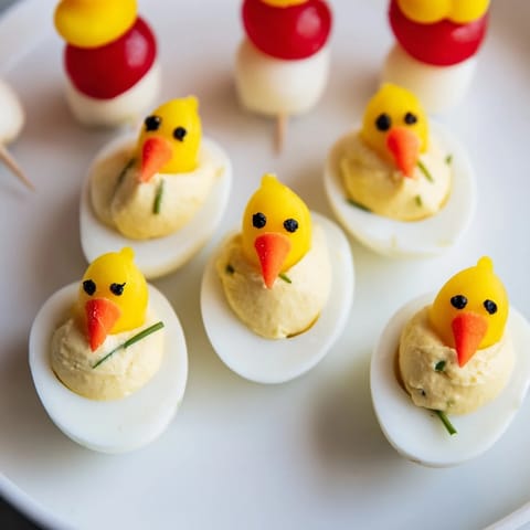 Close-up of adorable Chick & Duckling Snacks, perfect for a spring party, showing detailed edible decorations.